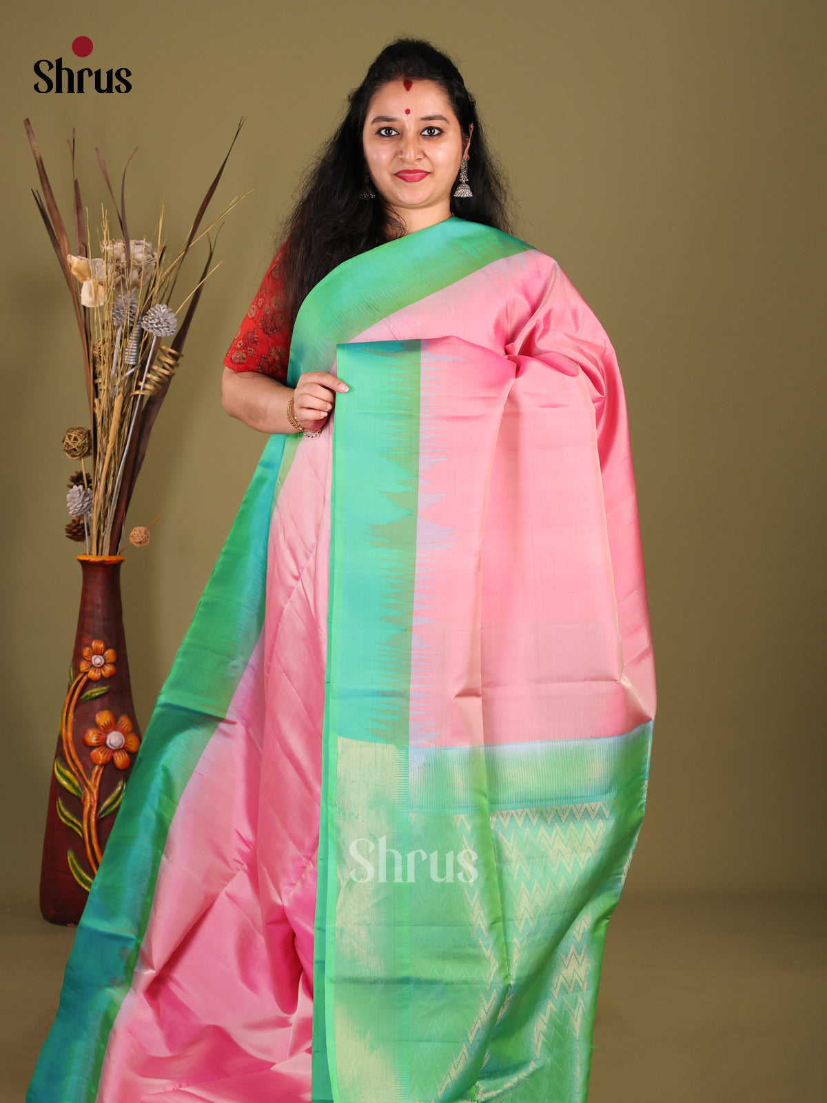 Chic Pink Soft Silk Saree with Green Border & Rich Zari brocade pallu