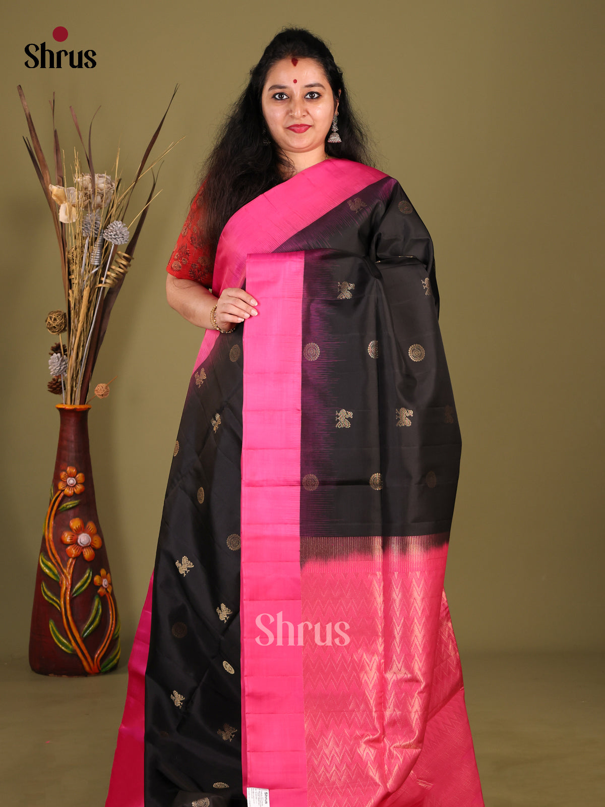 Exquisite Black Soft Silk Saree with peacock, floral zari buttas & Pink Border