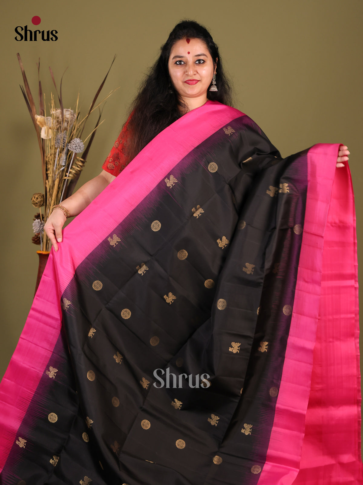 Exquisite Black Soft Silk Saree with peacock, floral zari buttas & Pink Border -1