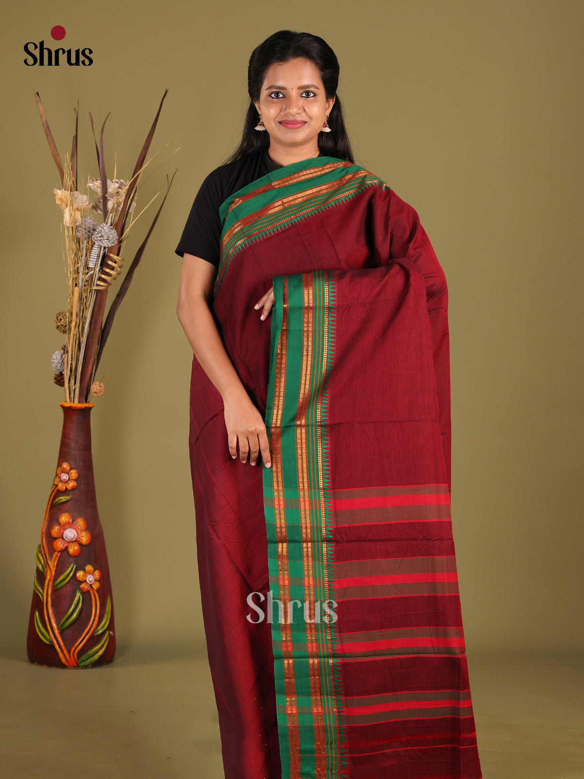 Maroon & Green - Narayanpet Cotton Saree