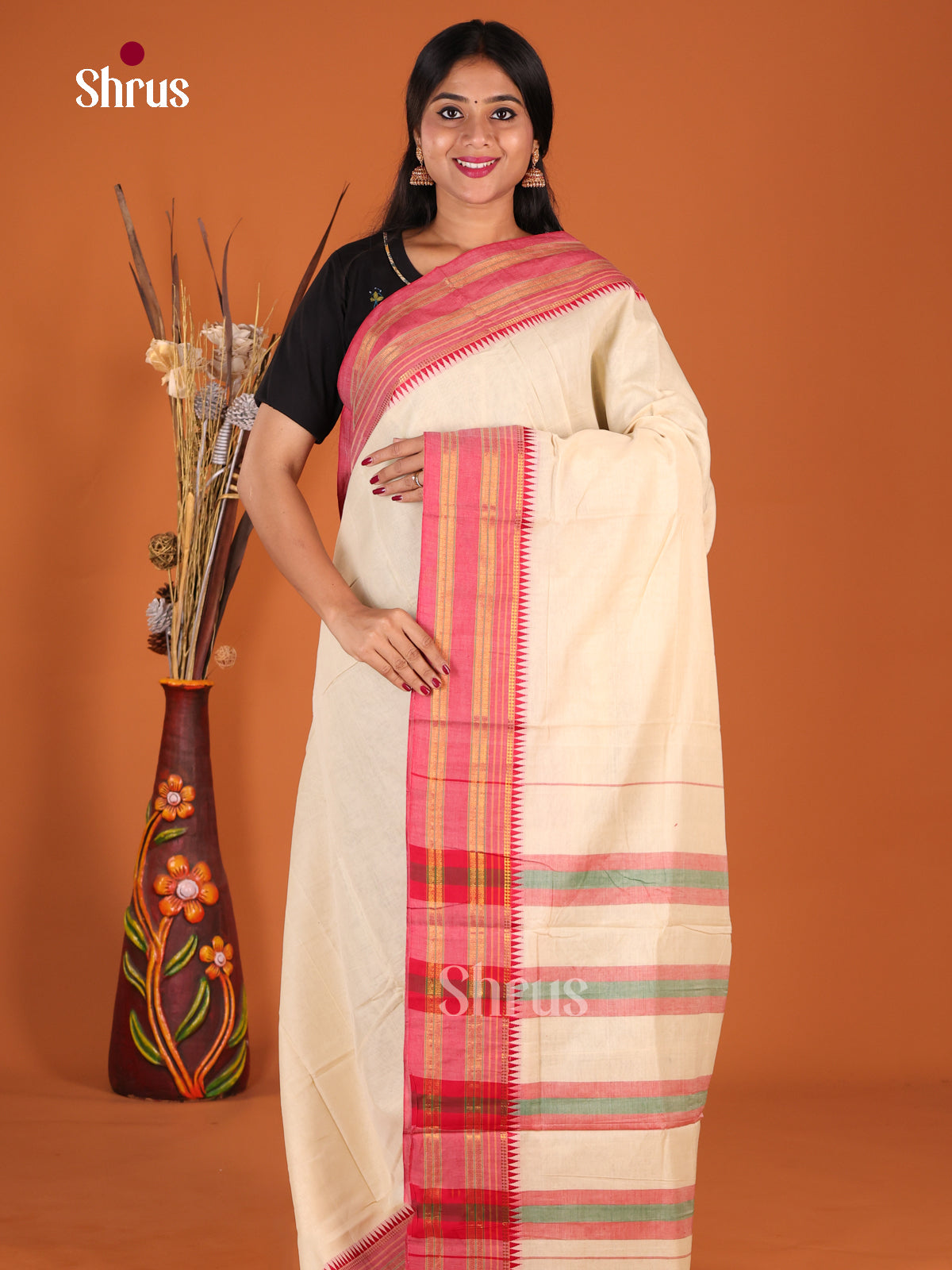 Cream & Red - Narayanpet Cotton Saree