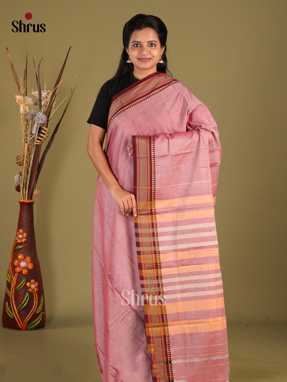 Onion Pink & Maroon - Narayanpet Cotton Saree
