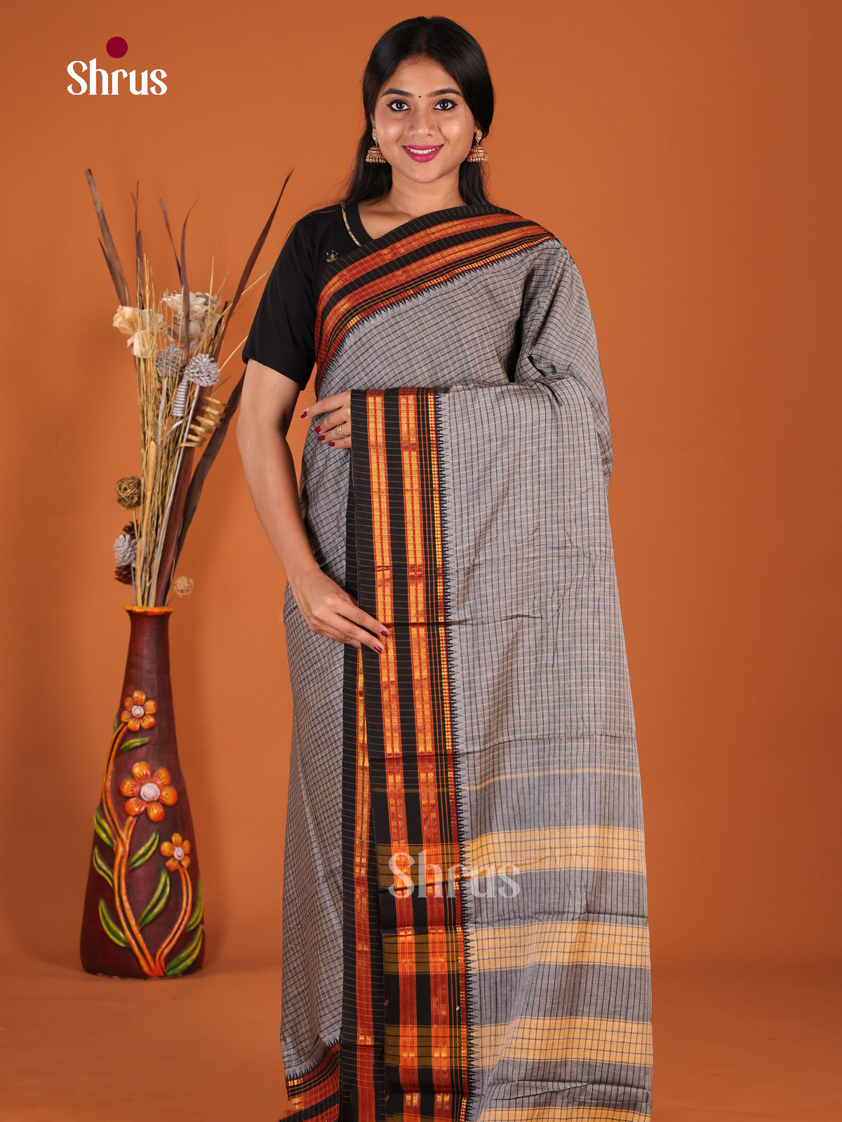 Grey & Black- Narayanpet Cotton Saree