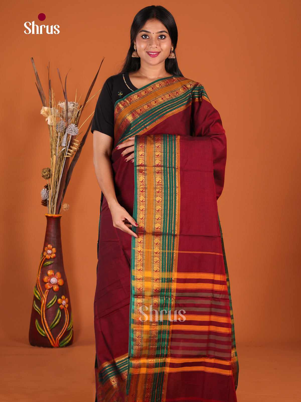 Maroon & Green - Narayanpet Cotton Saree
