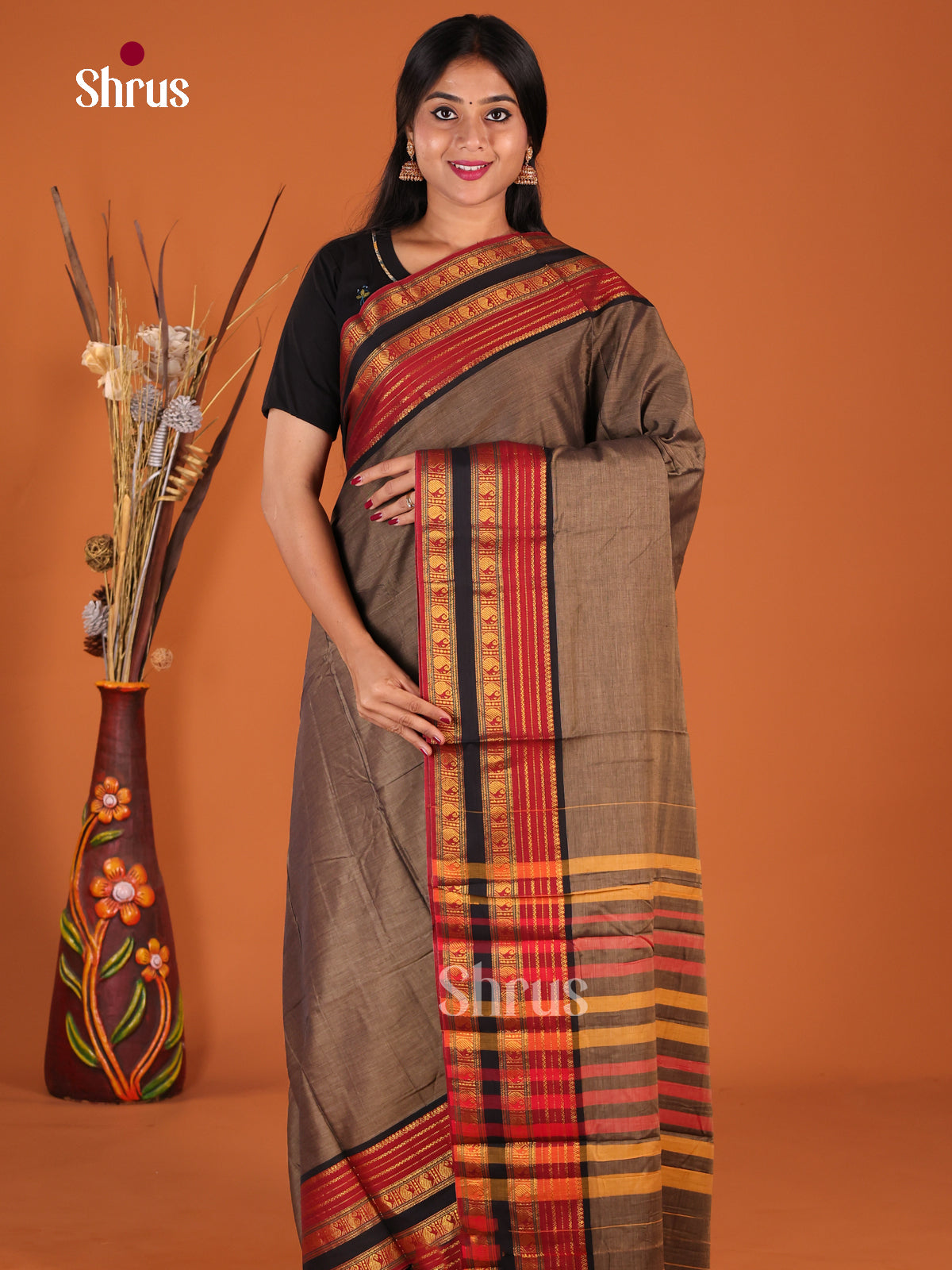 Grey & Red - Narayanpet Cotton Saree