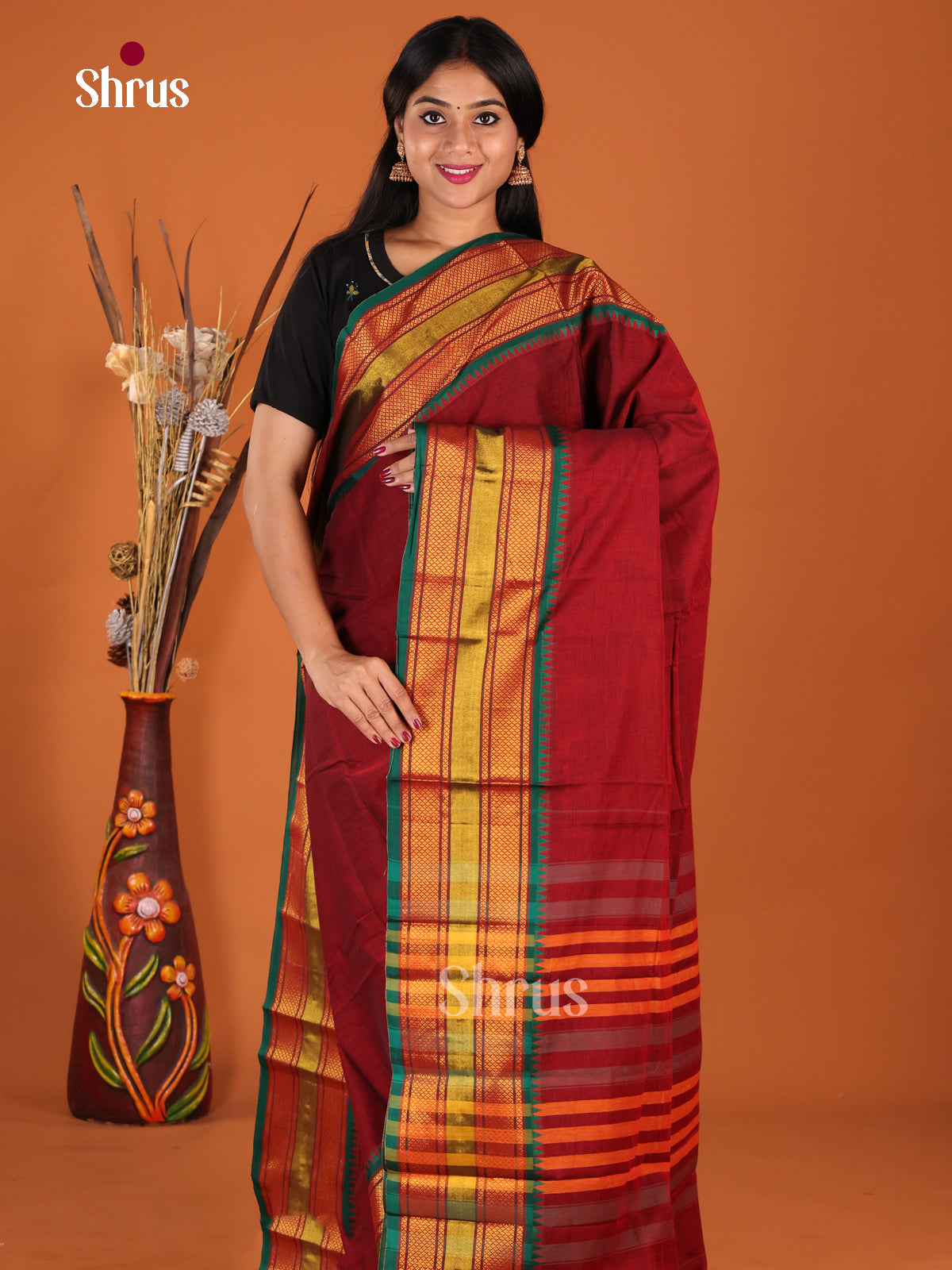 Maroon & Green - Narayanpet Cotton Saree