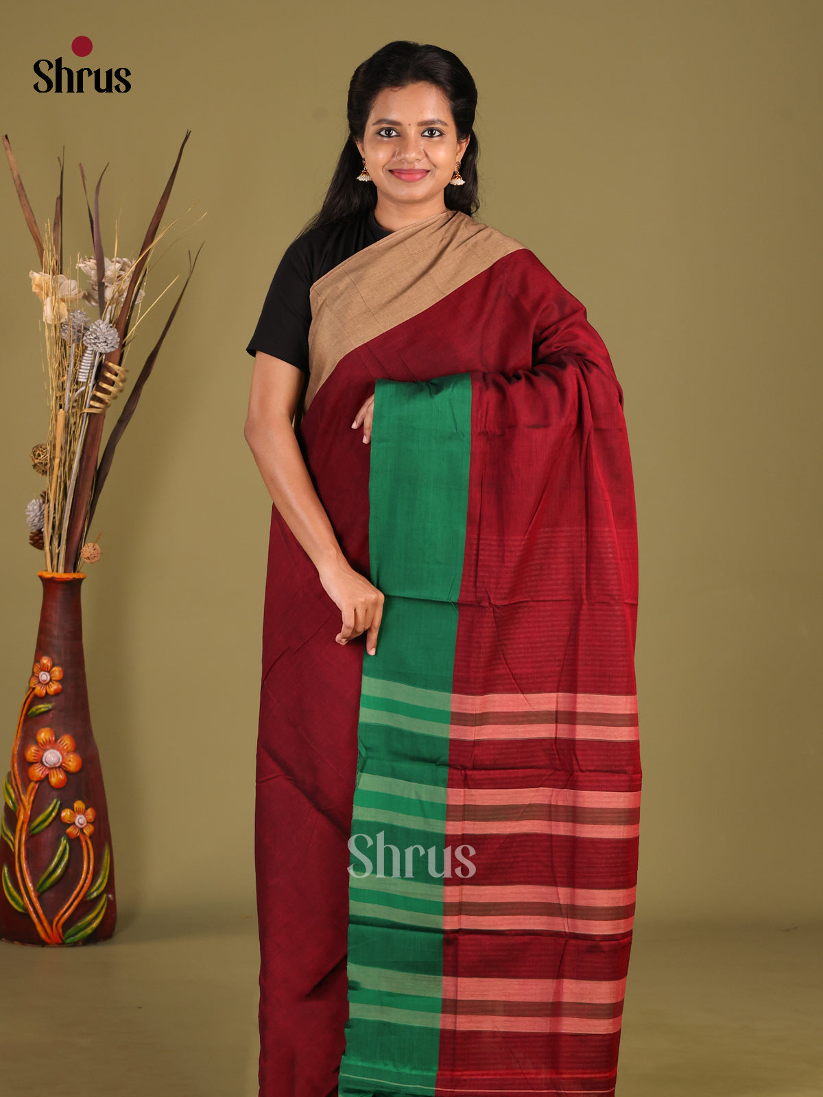 Maroon & Green - Narayanpet Cotton Saree