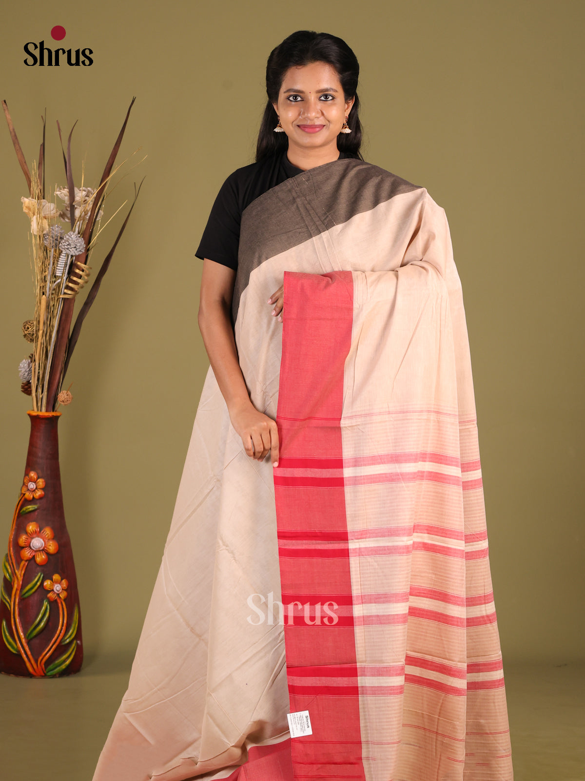 Cream & Red - Narayanpet Cotton Saree