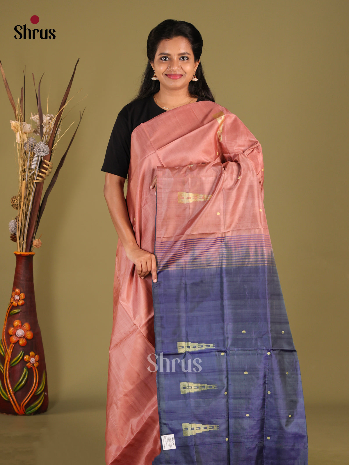 Dusty Brown & Blue - Banana Pith Saree - Shop on Shrus.com