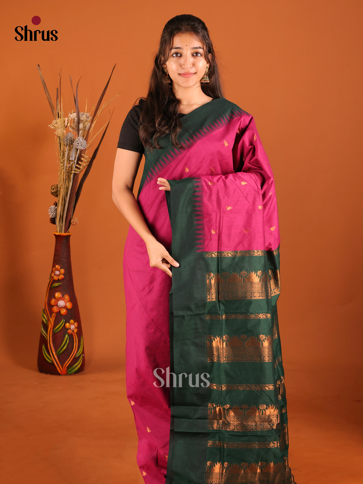 Pink & Green - Kalyani Cotton Saree - Shop on Shrus.com