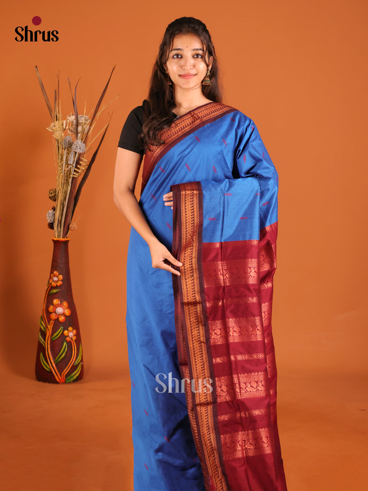 Blue & Maroon - Kalyani Cotton Saree