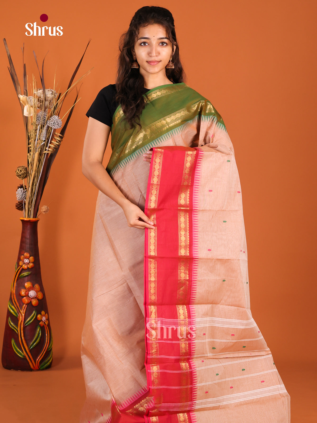 Cream & Green- Chettinad Cotton Saree