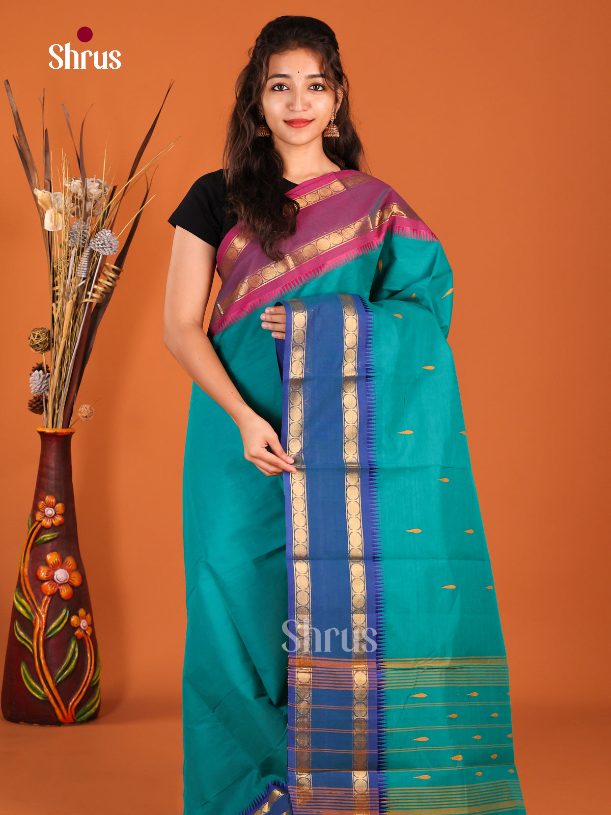 Teal Blue & Purple- Chettinad Cotton Saree