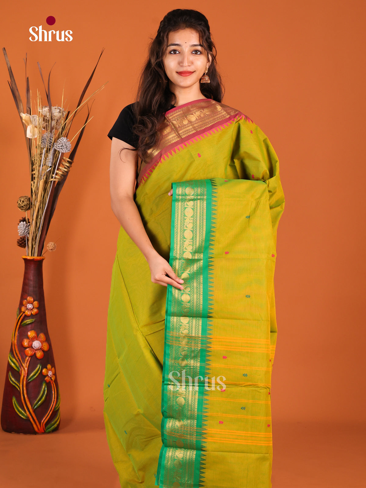 Mustardy Green & Green - Chettinad Cotton Saree