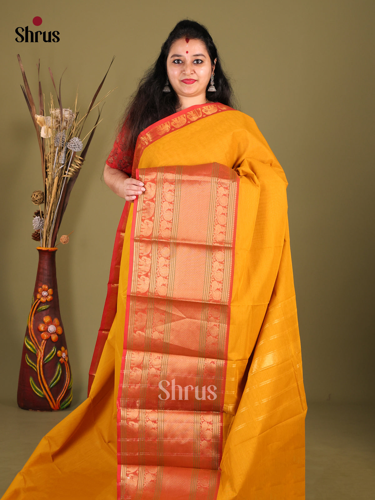 Mustard & Red - Narayanpet Cotton Saree