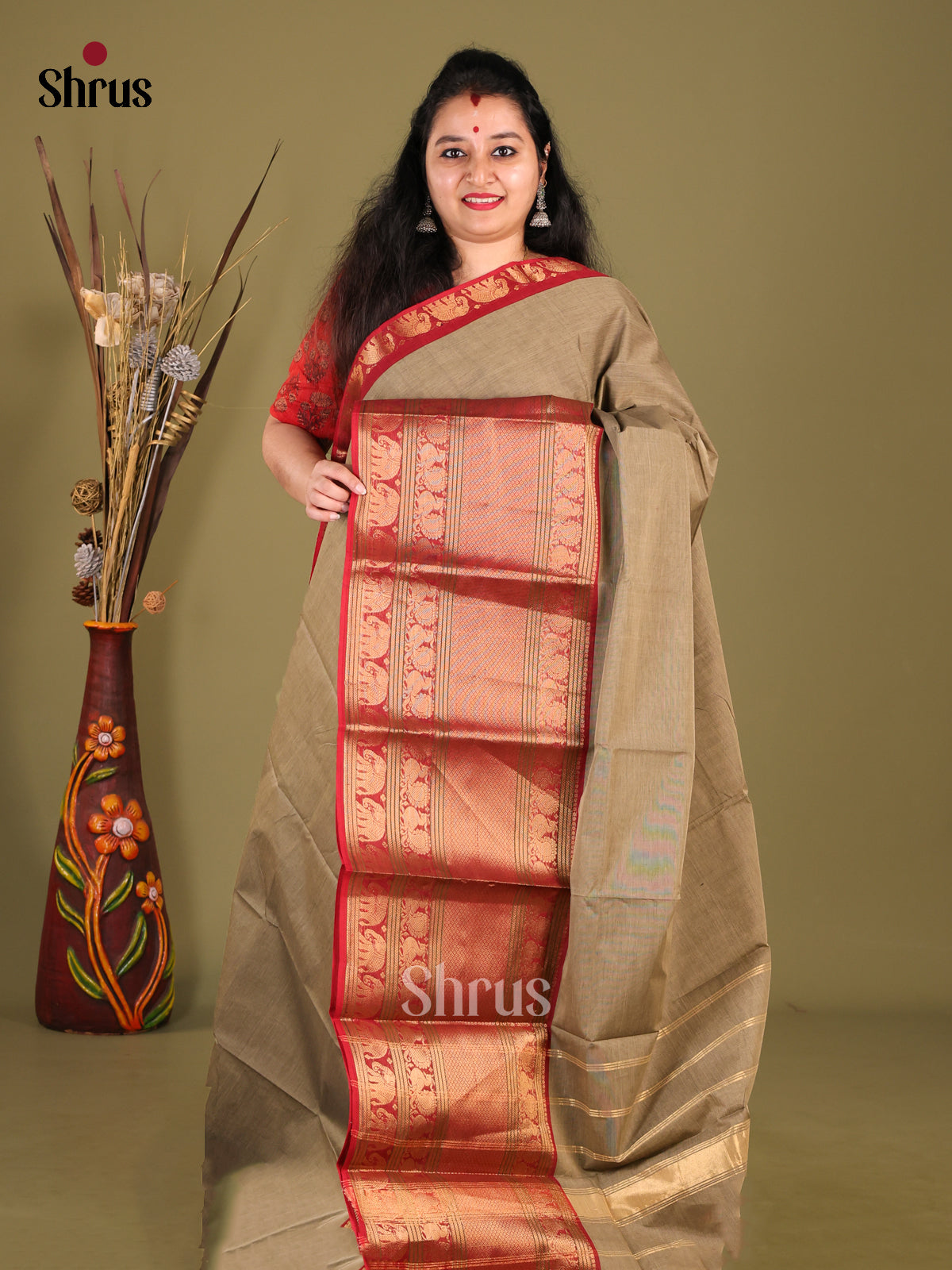 Grey & Red - Narayanpet Cotton Saree