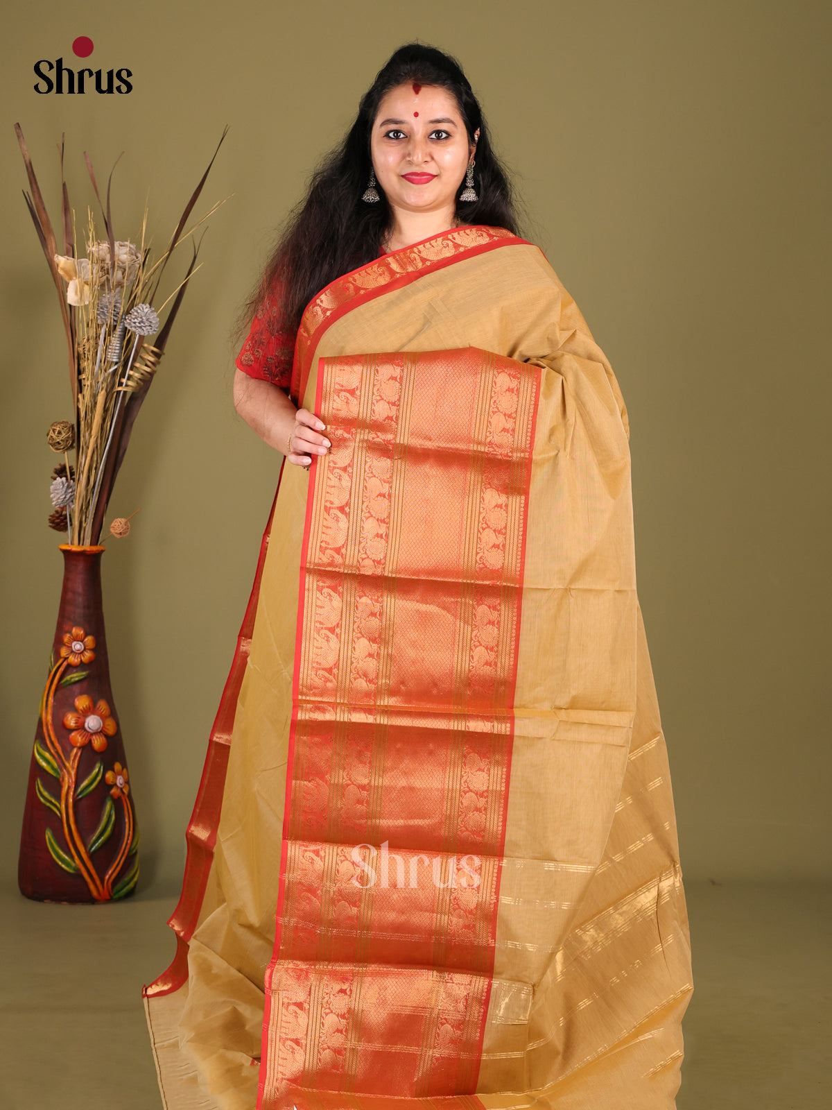 Beige & Red - Narayanpet Cotton Saree