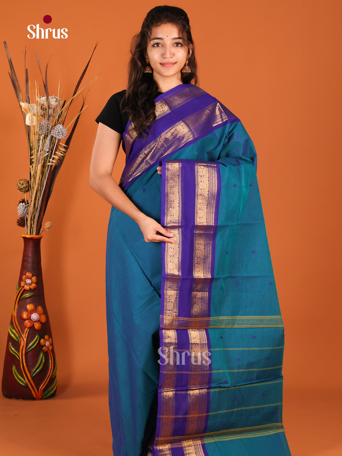 Peacock Blue & Blue - Chettinad Cotton Saree