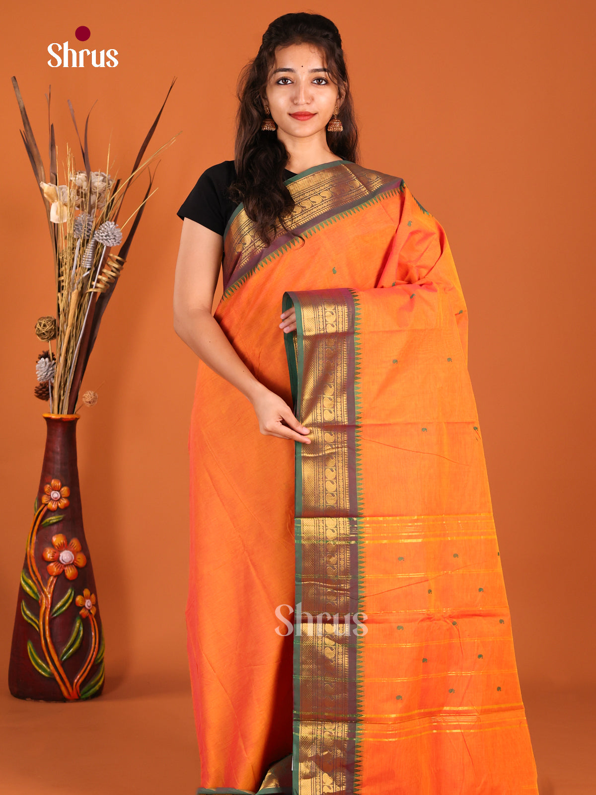 Orange & Green - Chettinad Cotton Saree
