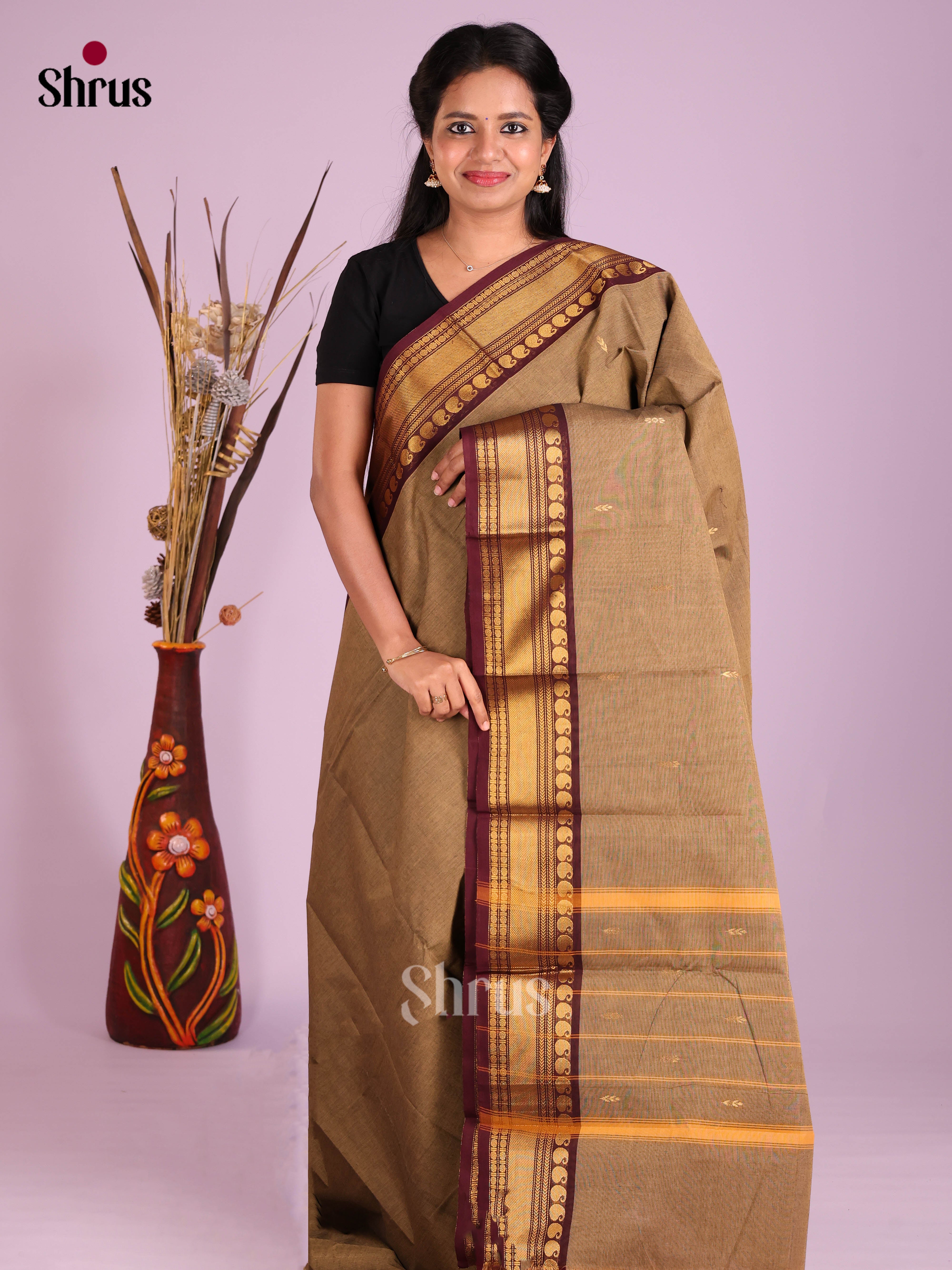 Light Brown & Maroon - Chettinad Cotton Saree