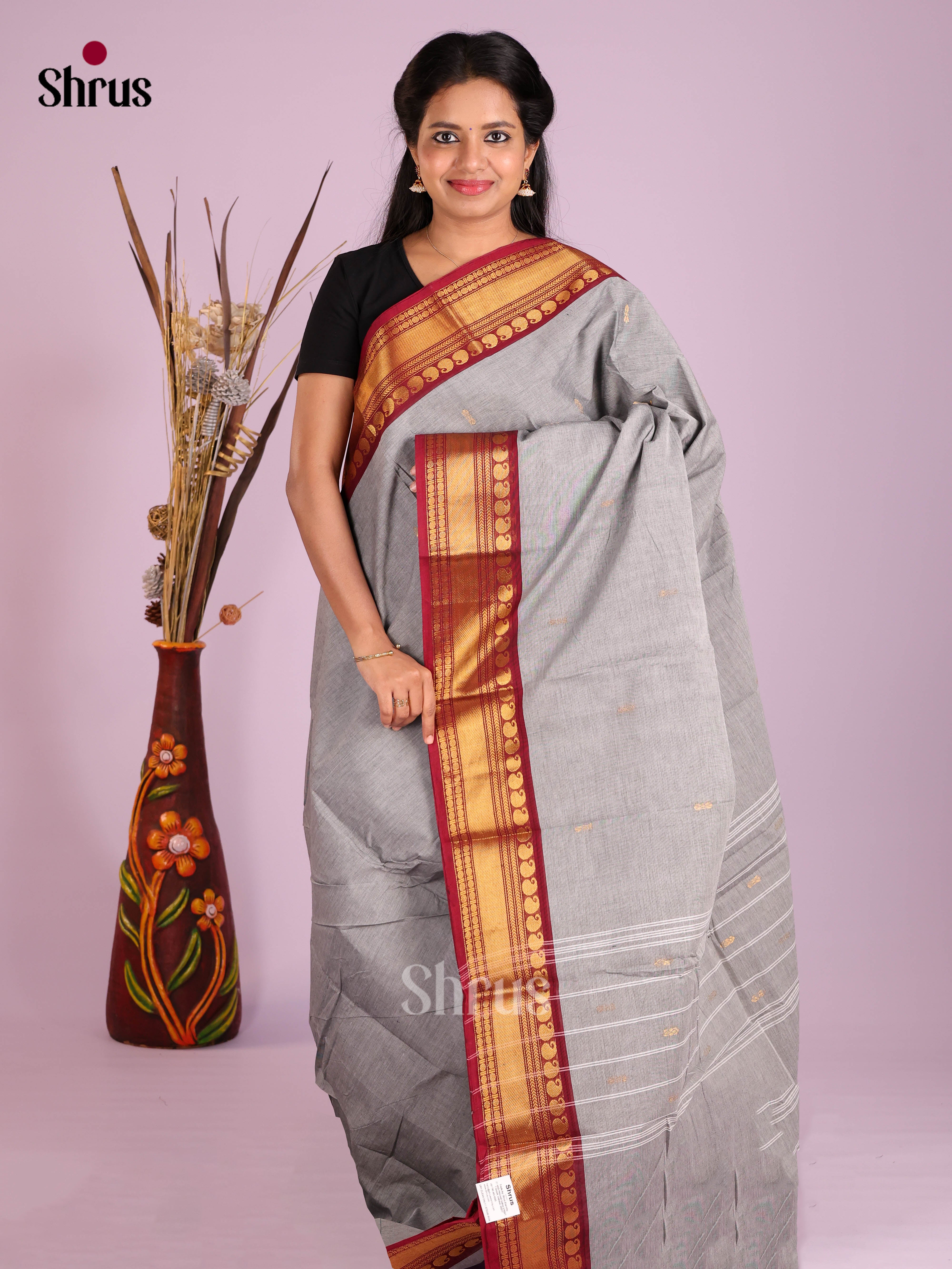 Grey & Maroon - Chettinad Cotton Saree