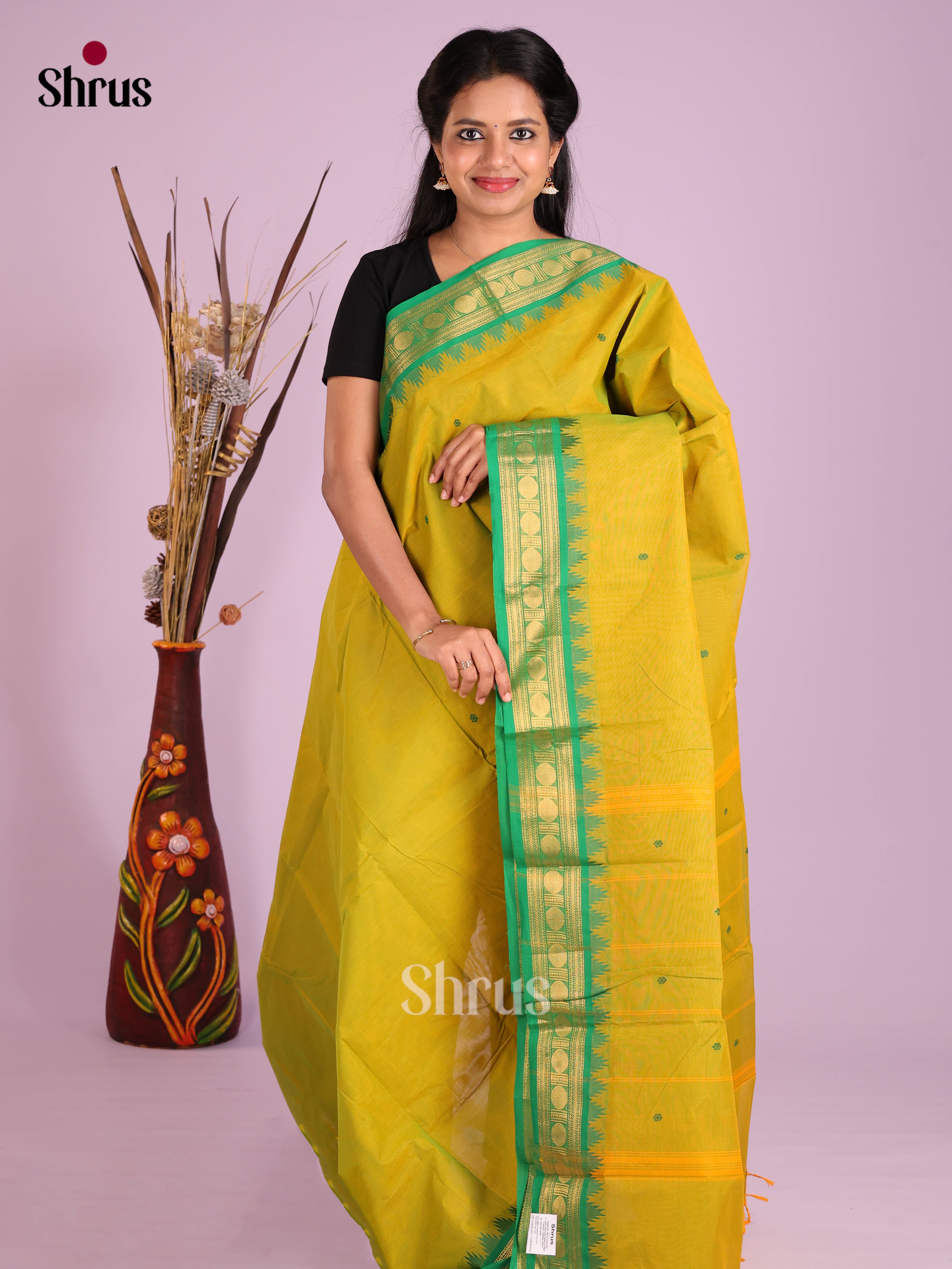Mustardy Green & Green- Chettinad Cotton Saree