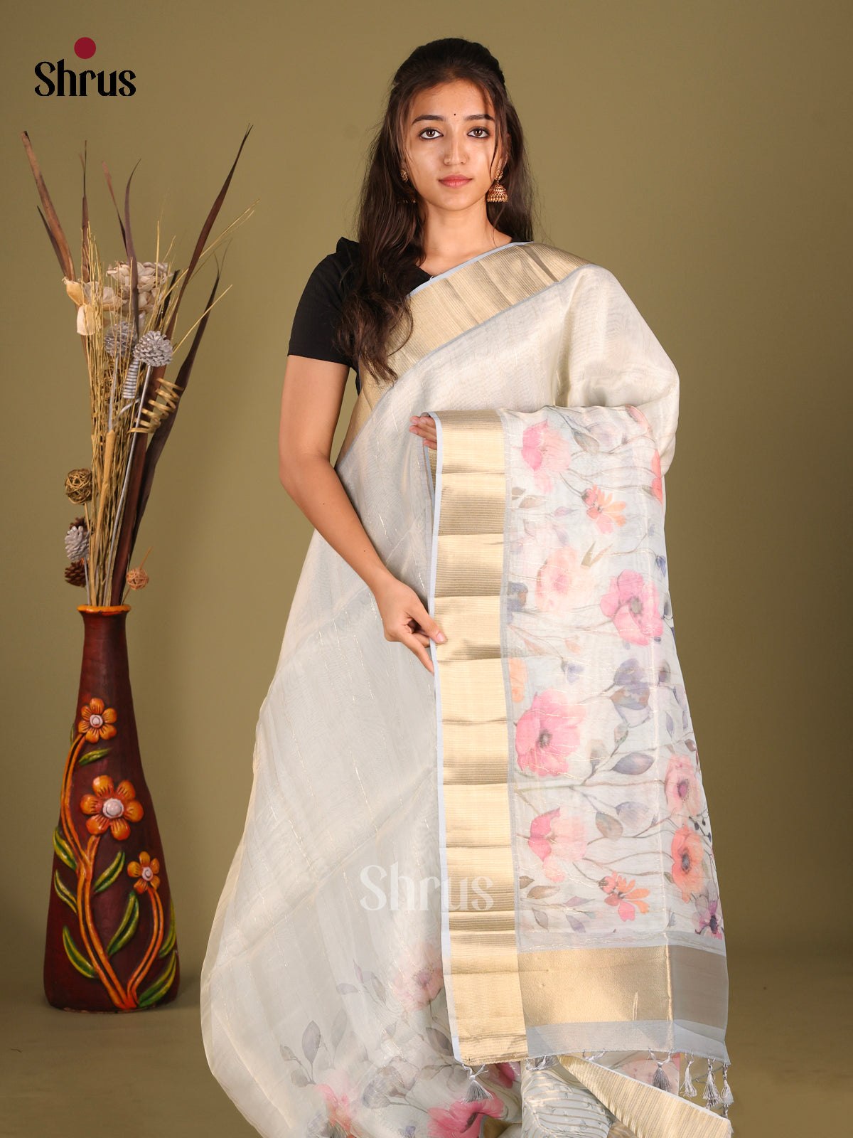 Grey - Semi Organza Saree - Shop on Shrus.com