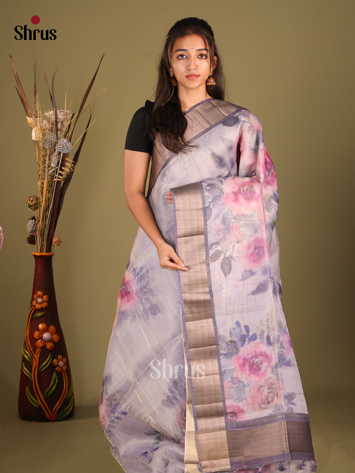 Greyish Blue - Semi Organza Saree - Shop on Shrus.com