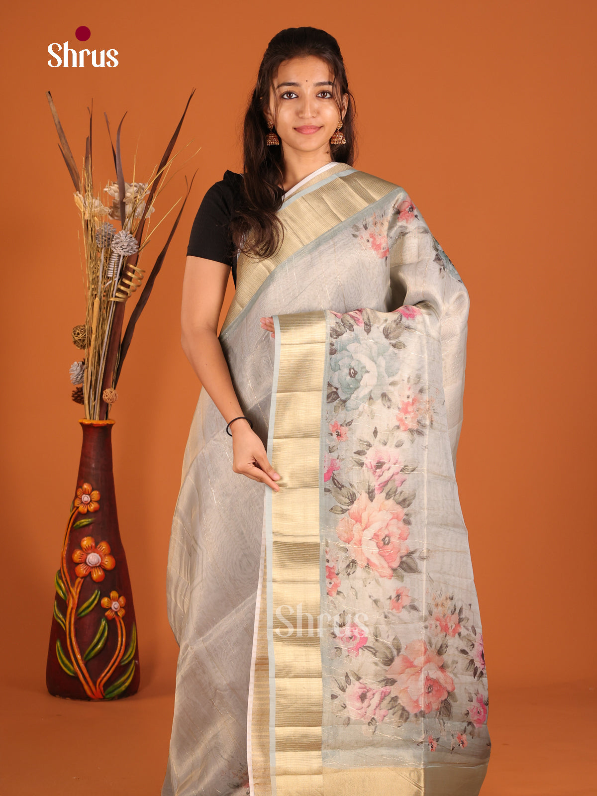 Grey - Semi Organza Saree - Shop on Shrus.com