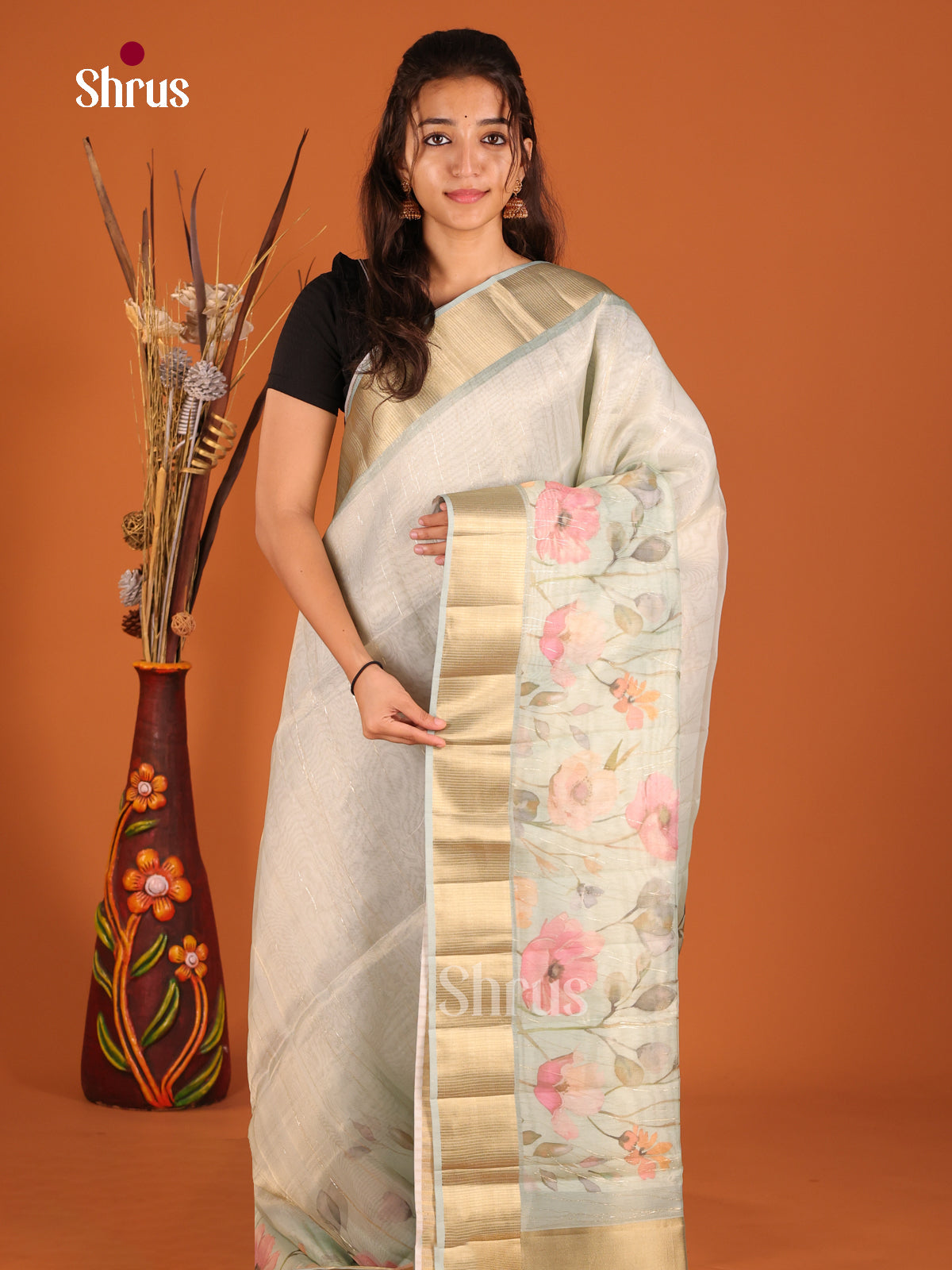Grey Green - Semi Organza Saree - Shop on Shrus.com