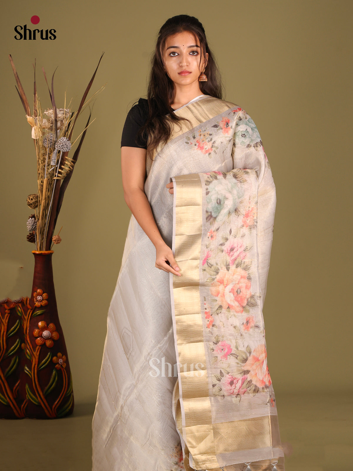 Grey - Semi Organza Saree