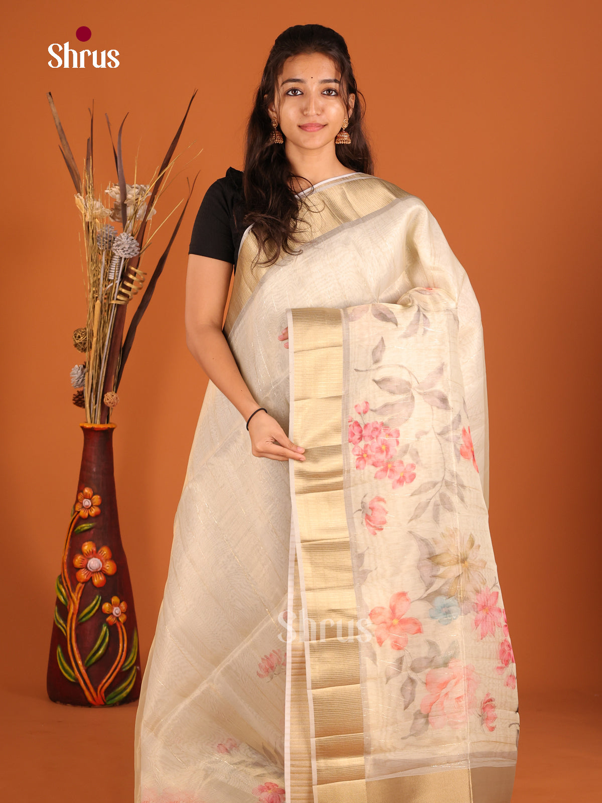 Cream - Semi Organza Saree - Shop on Shrus.com