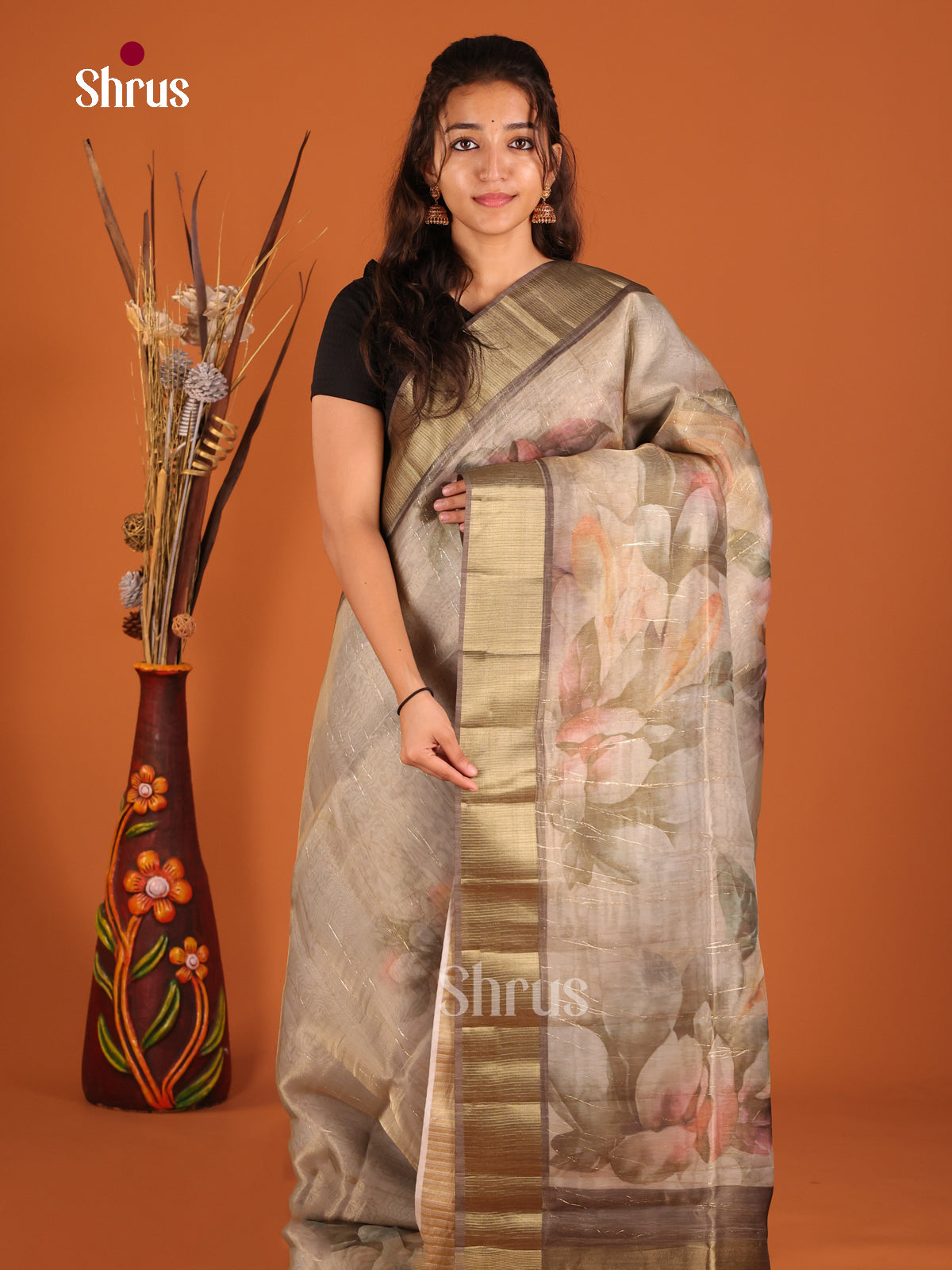 Grey - Semi Organza Saree - Shop on Shrus.com