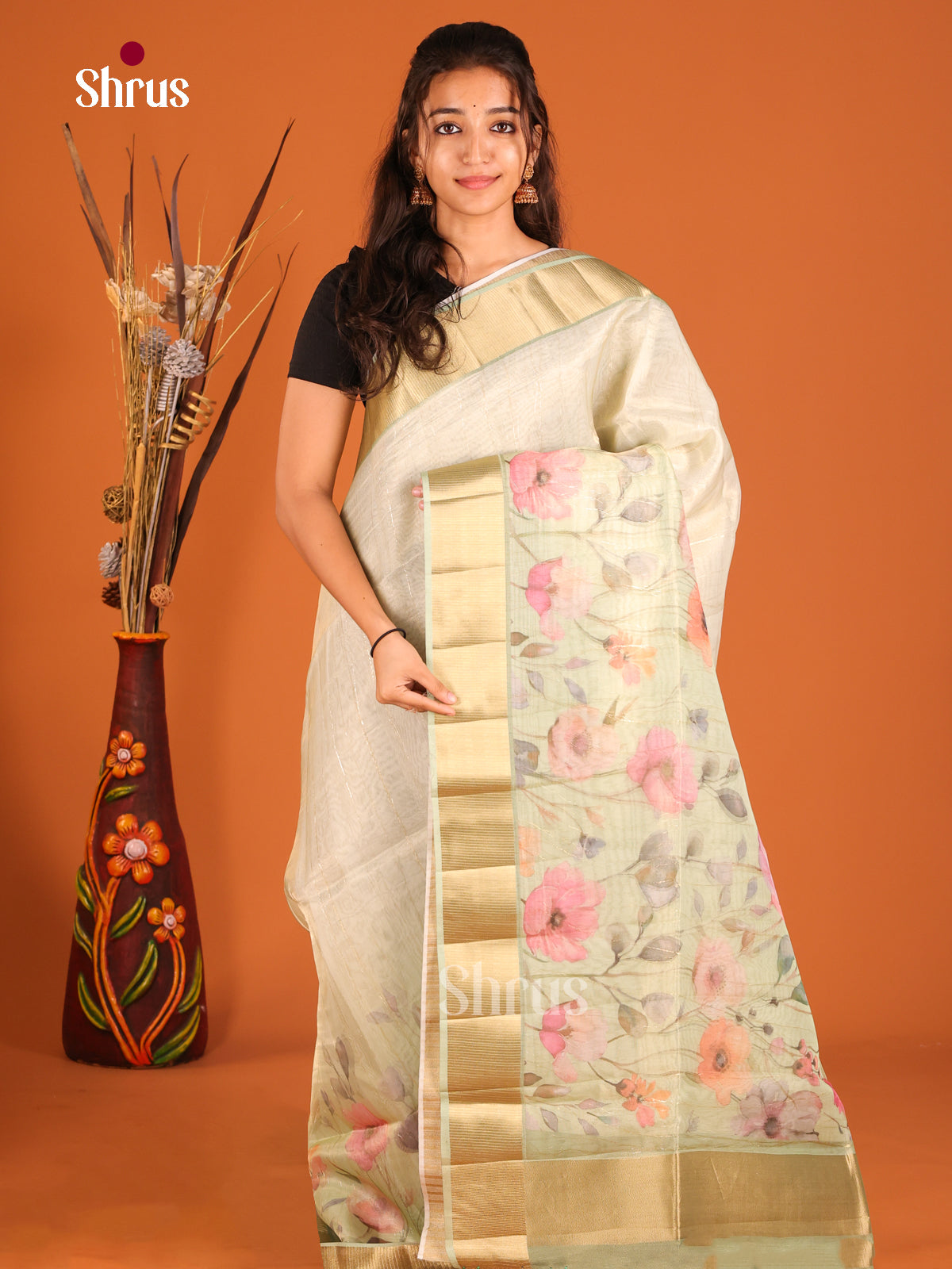 Cream & Light Green - Semi Organza Saree