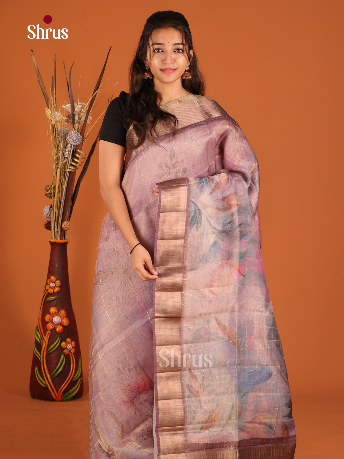 Purple & Brown - Semi Organza Saree - Shop on Shrus.com