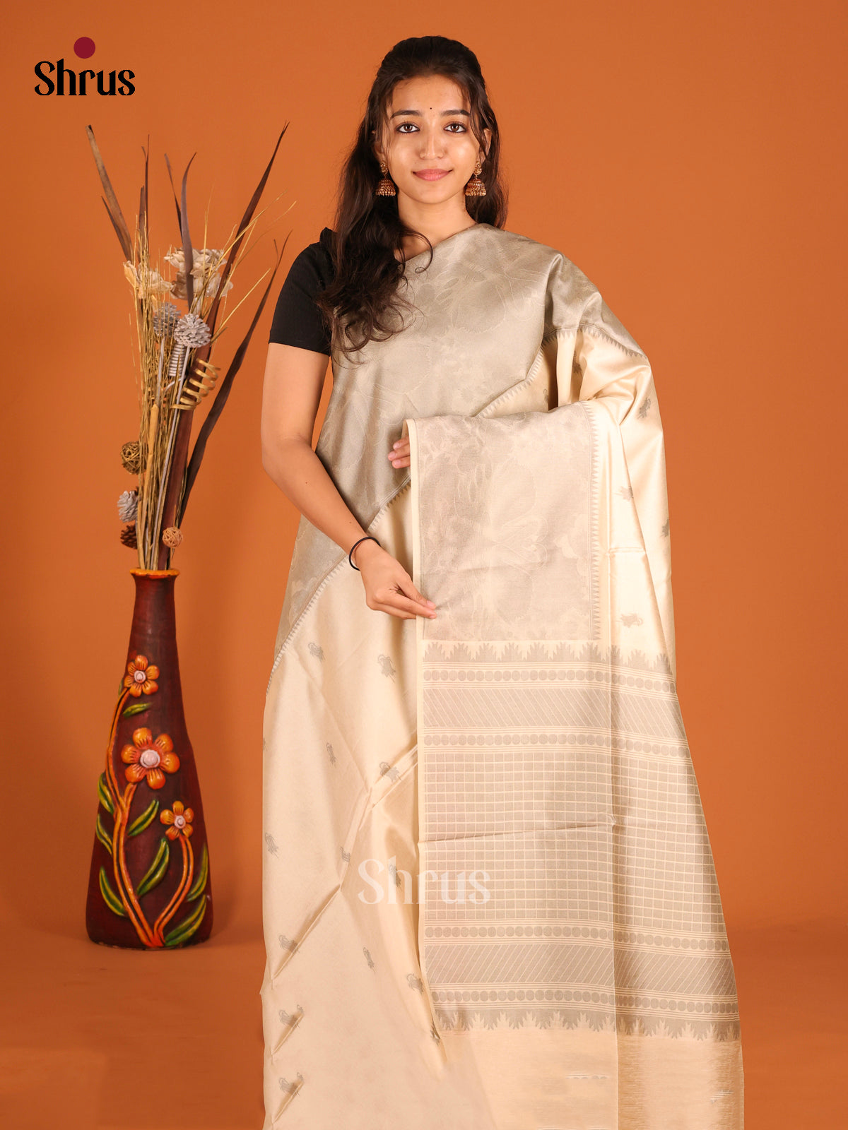 Cream - Semi Tussar Saree