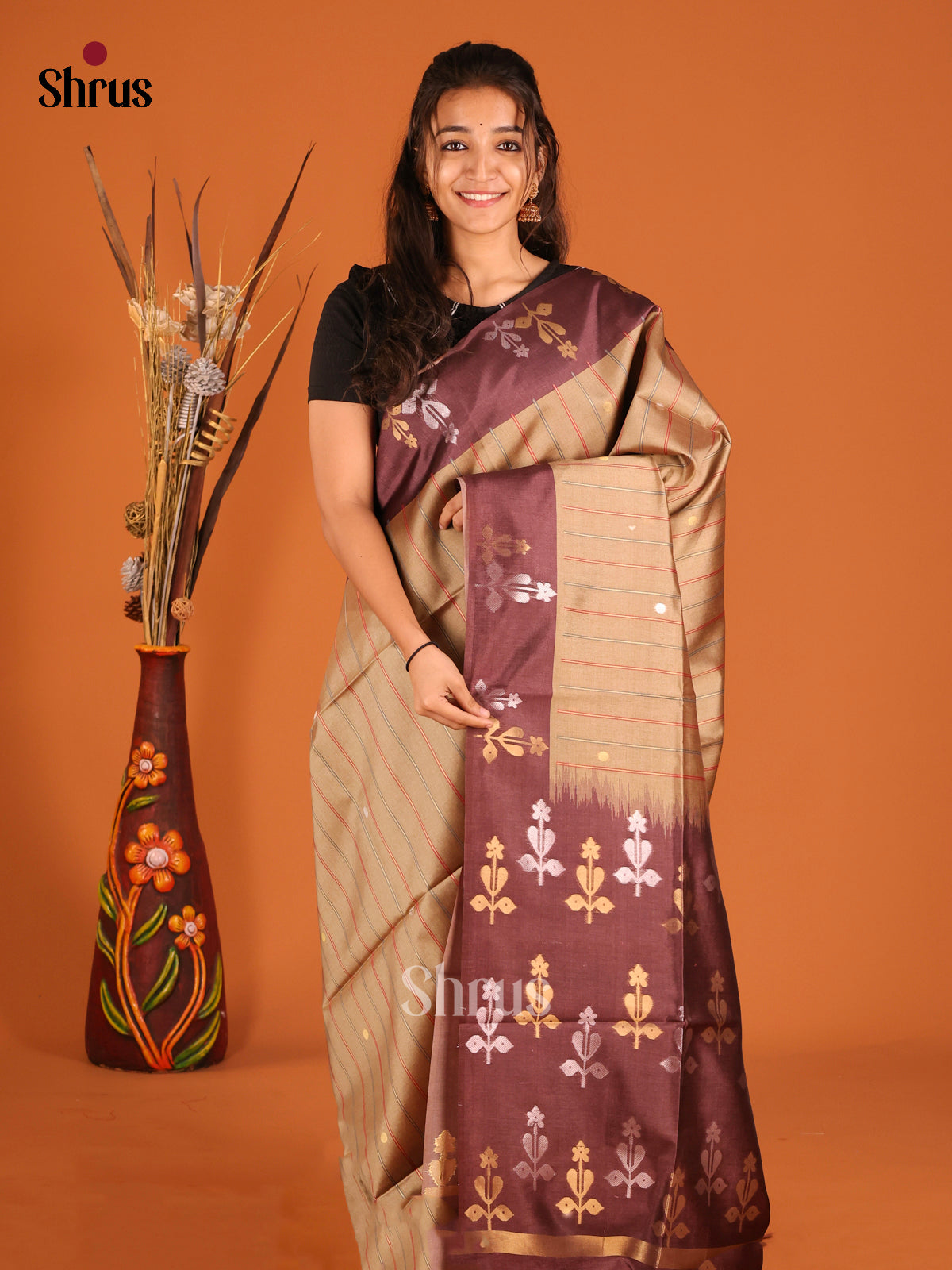 Beige & brown- Semi Tussar Saree