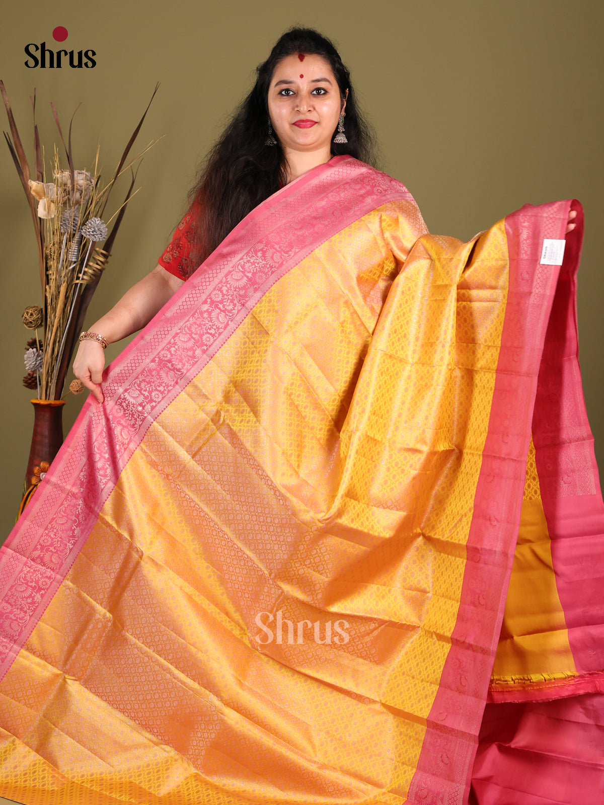 Timeless Yellow Kanchipuram silk Saree with intricate floral brocade & Maroon Border -1