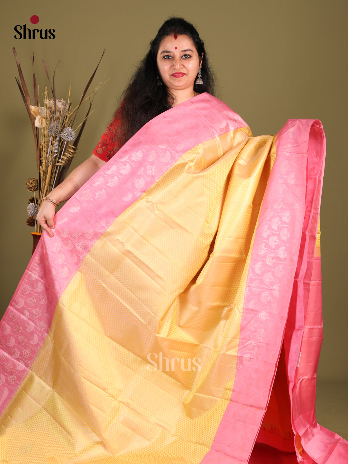 Luminous Yellow Kanchipuram Silk Saree with floral brocade & Pink Zari Border -1