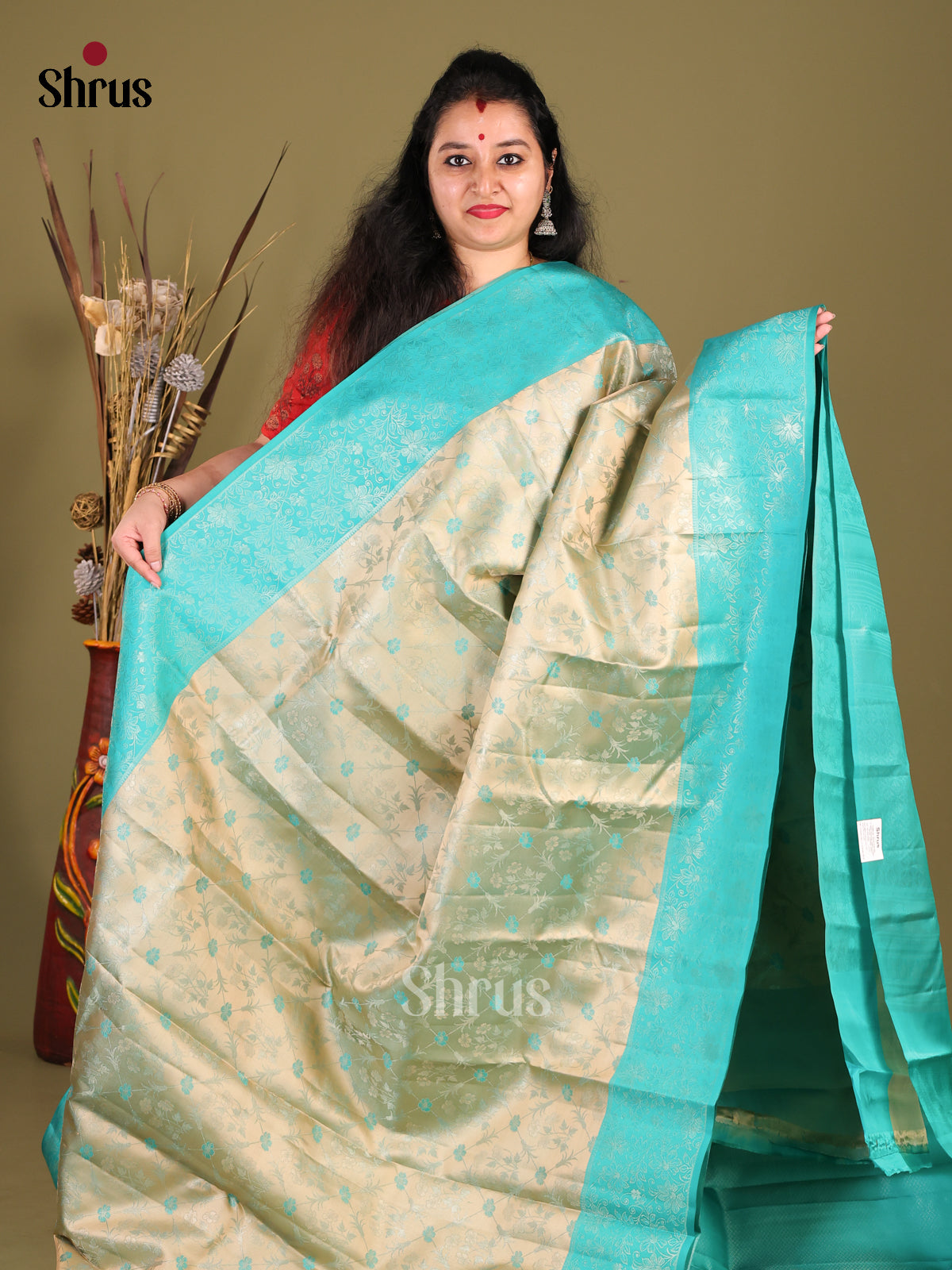 Chic Pastel Green Kanjivaram silk Saree with Floral brocade Body & Sky Blue Border -1