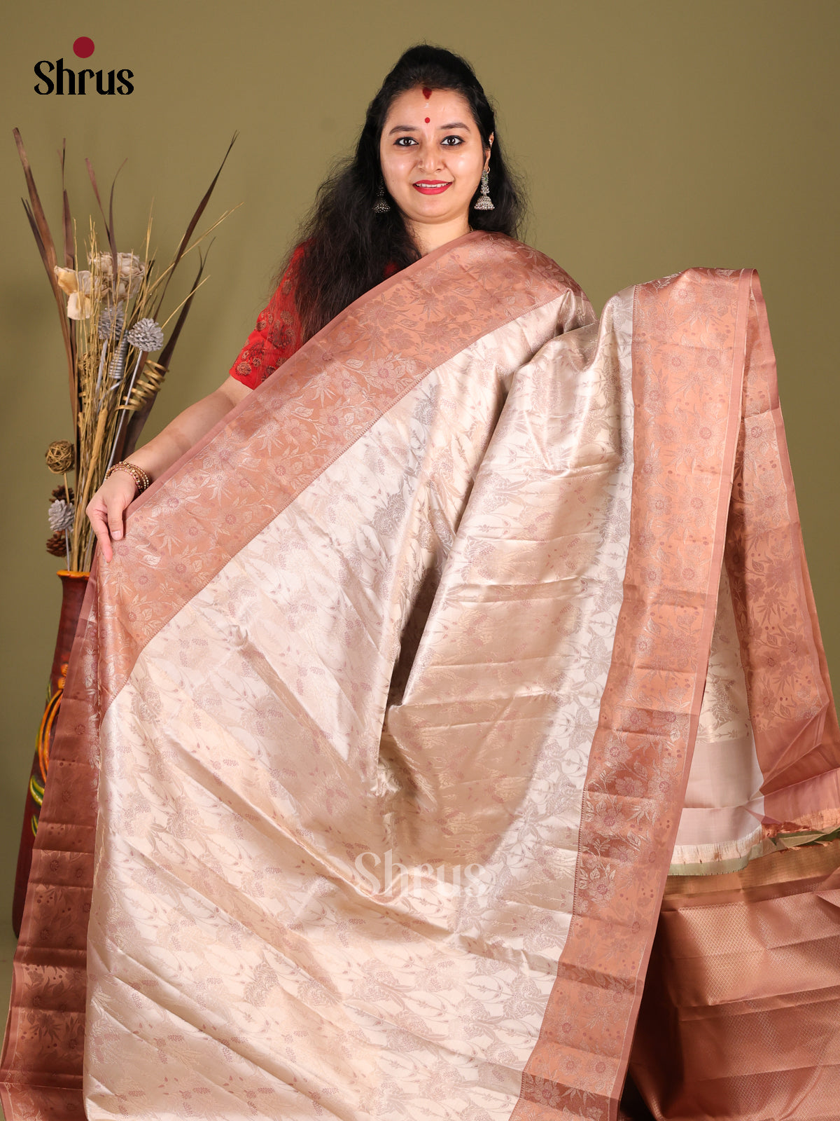 Cream & Brown Kanchipuram silk Saree with zari floral nestling Brocade -2