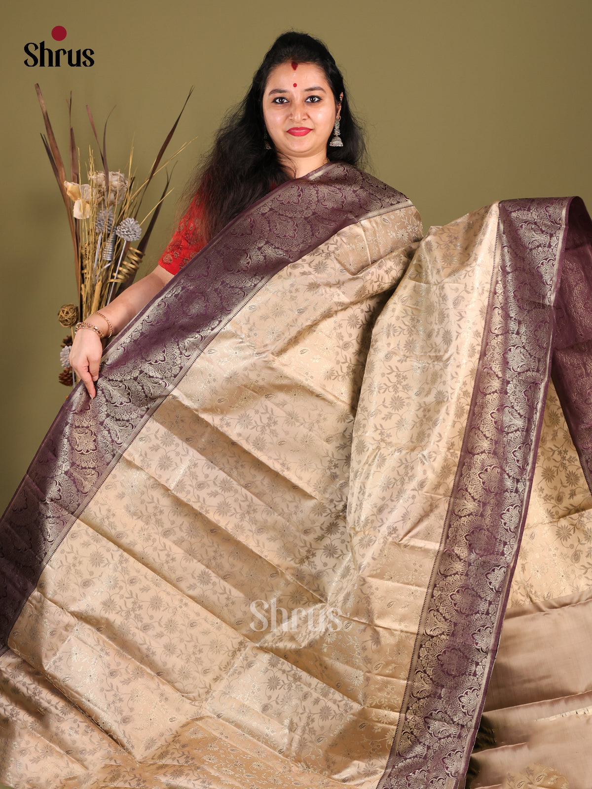 Stunning Cream Kanjivaram silk Saree with zari floral nestling brocade & Dark Purple Border -1