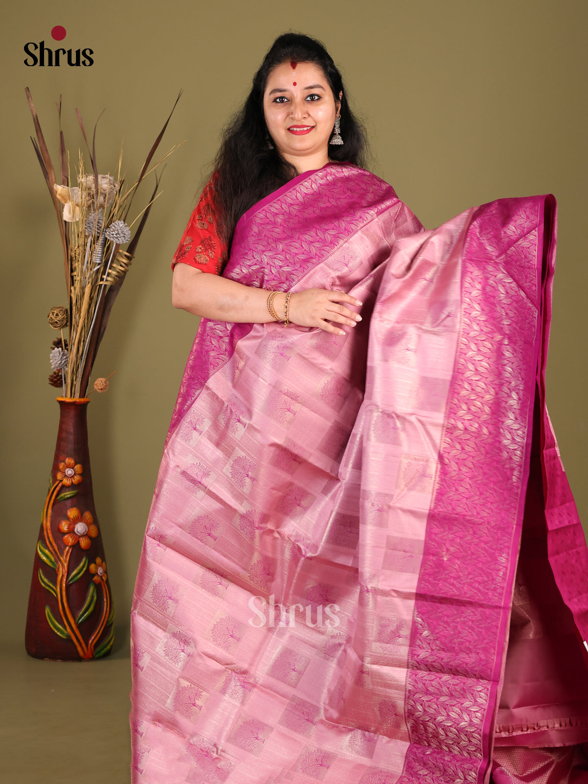 Onion Pink & Purple Kanchipuram silk Saree with rich zari border -1