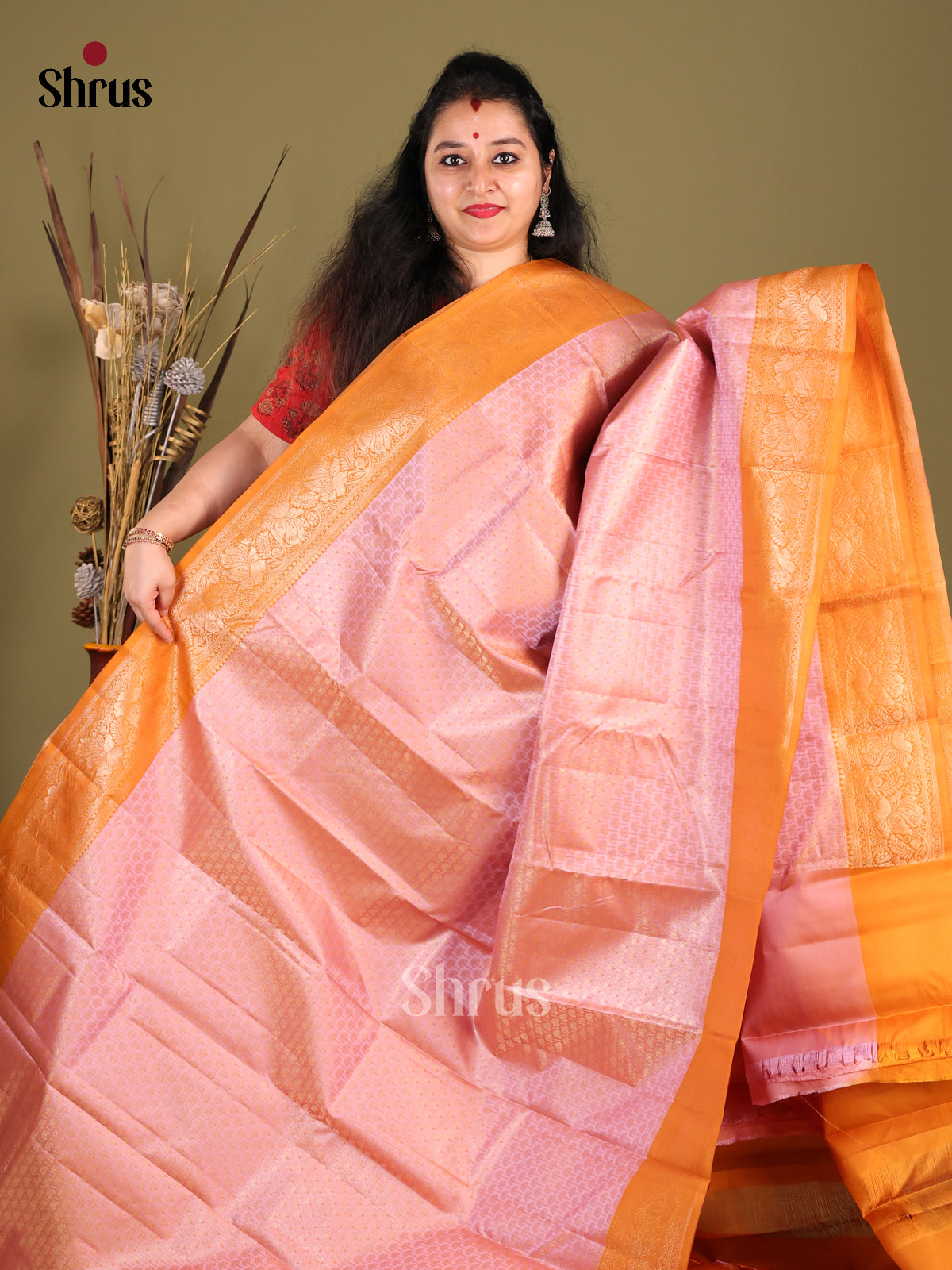 Chic Pink Kanjivaram silk Saree with zari Brocade Body & Orange Border -1