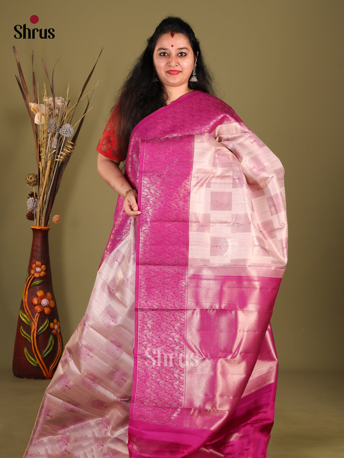 Stunning Grey Kanchipuram Silk Saree with Tree Motifs & Purple Zari Border