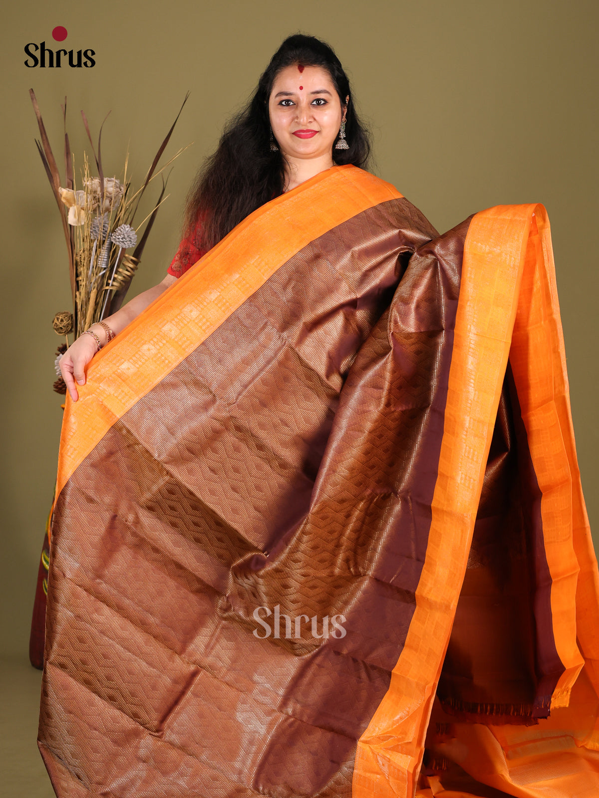 Classy Brown Kanjivaram silk Saree with golden brocade & Orange Border -1
