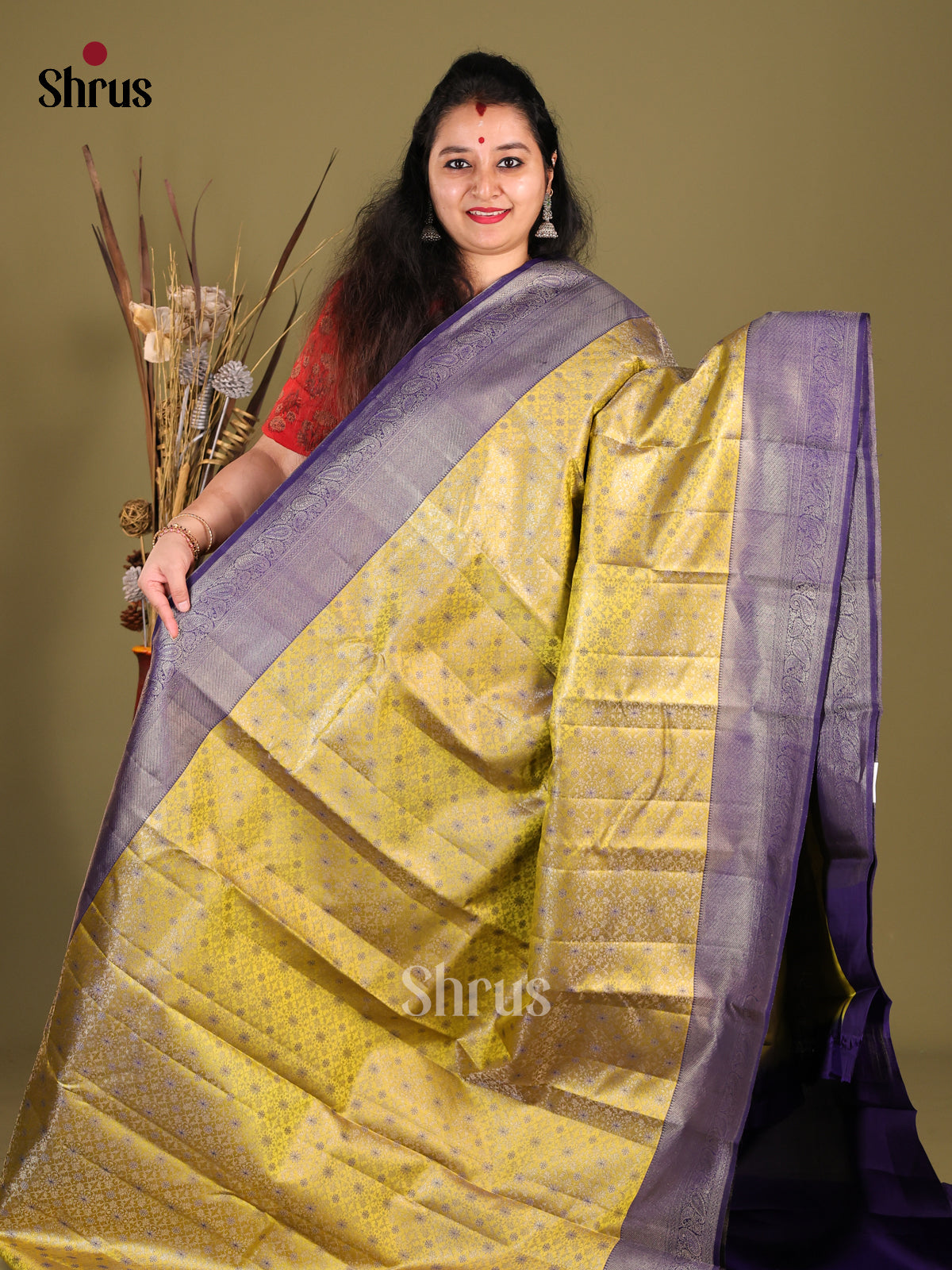 Yellow & Blue Kanchipuram silk Saree with floral brocade -1