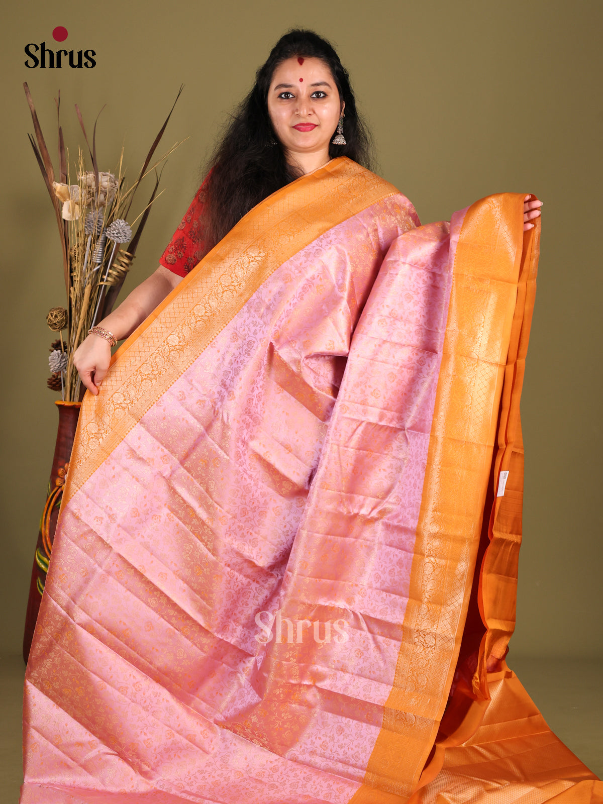 Regal Pink Kanjivaram silk Saree with woven floral nestling brocade & Brick Border -1
