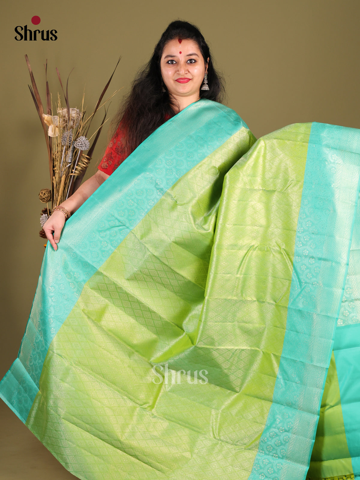Light Green & Sky Blue Kanchipuram silk Saree with zari criss cross brocade -1
