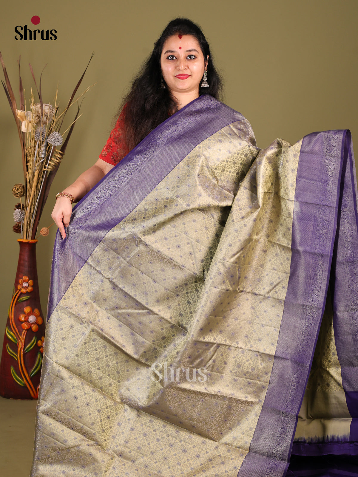 Regal Golden Kanjivaram Silk Saree With Purple Brocade Pallu -1